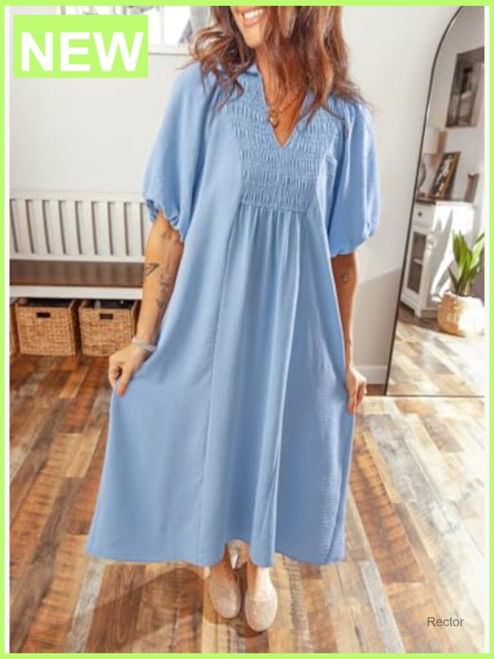 Puff Sleeve V Neck Empire Waist Maxi Dress Summer Casual - Picture 2 of 7